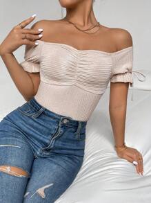 SHEIN Privé Off Shoulder Ruched Bust Knot Side Crop Top
