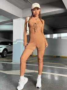 Muchica Tutina unitard con coulisse frontale in maglia a coste - Castano - Visualizzare 4