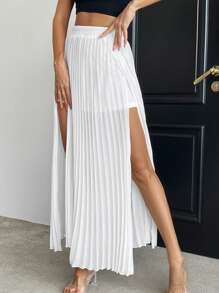 SHEIN Privé Chất rắn Bao bên Chân Váy xếp ly - trắng - Xem 3