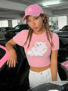 SHEIN EZwear Cartoon Embroidery Crop Knit Top - Baby Pink - View 5