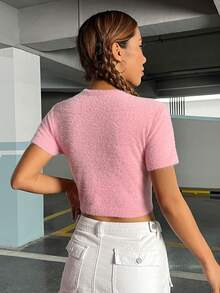 SHEIN EZwear Cartoon Embroidery Crop Knit Top - Baby Pink - View 2