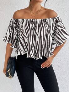 SHEIN Privé Zebra Striped Off Shoulder Flounce Sleeve Blouse - Multicolor - View 2