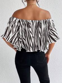 SHEIN Privé Zebra Striped Off Shoulder Flounce Sleeve Blouse - Multicolor - View 4