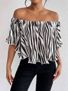 SHEIN Privé Zebra Striped Off Shoulder Flounce Sleeve Blouse - Multicolor - View 5