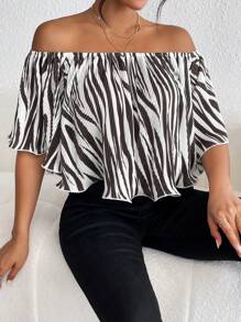 SHEIN Privé Zebra Striped Off Shoulder Flounce Sleeve Blouse - Multicolor - View 1