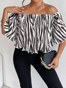 SHEIN Privé Zebra Striped Off Shoulder Flounce Sleeve Blouse - Multicolor - View 3