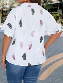 SHEIN LUNE 大碼羽毛印花蝙蝠袖襯衫 - 白色 - 查看 2