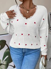 Calvaya Plus Heart Embroidery Eyelash Lace Trim Drop Shoulder Jumper - White - View 7