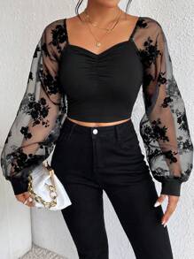 Firerie Floral Print Contrast Mesh Lantern Sleeve Ruched Bust Crop Top - Black - View 1