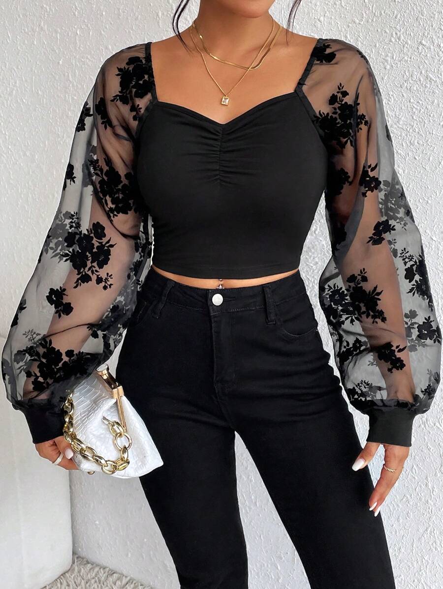 Firerie Floral Print Contrast Mesh Lantern Sleeve Ruched Bust Crop Top - Black - View 1