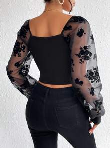 Firerie Floral Print Contrast Mesh Lantern Sleeve Ruched Bust Crop Top - Black - View 4