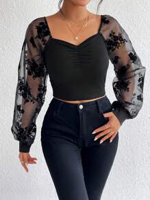 Firerie Floral Print Contrast Mesh Lantern Sleeve Ruched Bust Crop Top - Black - View 5