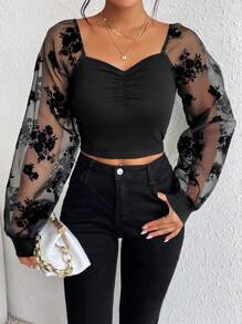 Firerie Floral Print Contrast Mesh Lantern Sleeve Ruched Bust Crop Top - Black - View 6