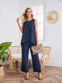 EMERY ROSE 素色不對稱下擺背心上衣&闊腿褲 - 藏蓝色 - 查看 1