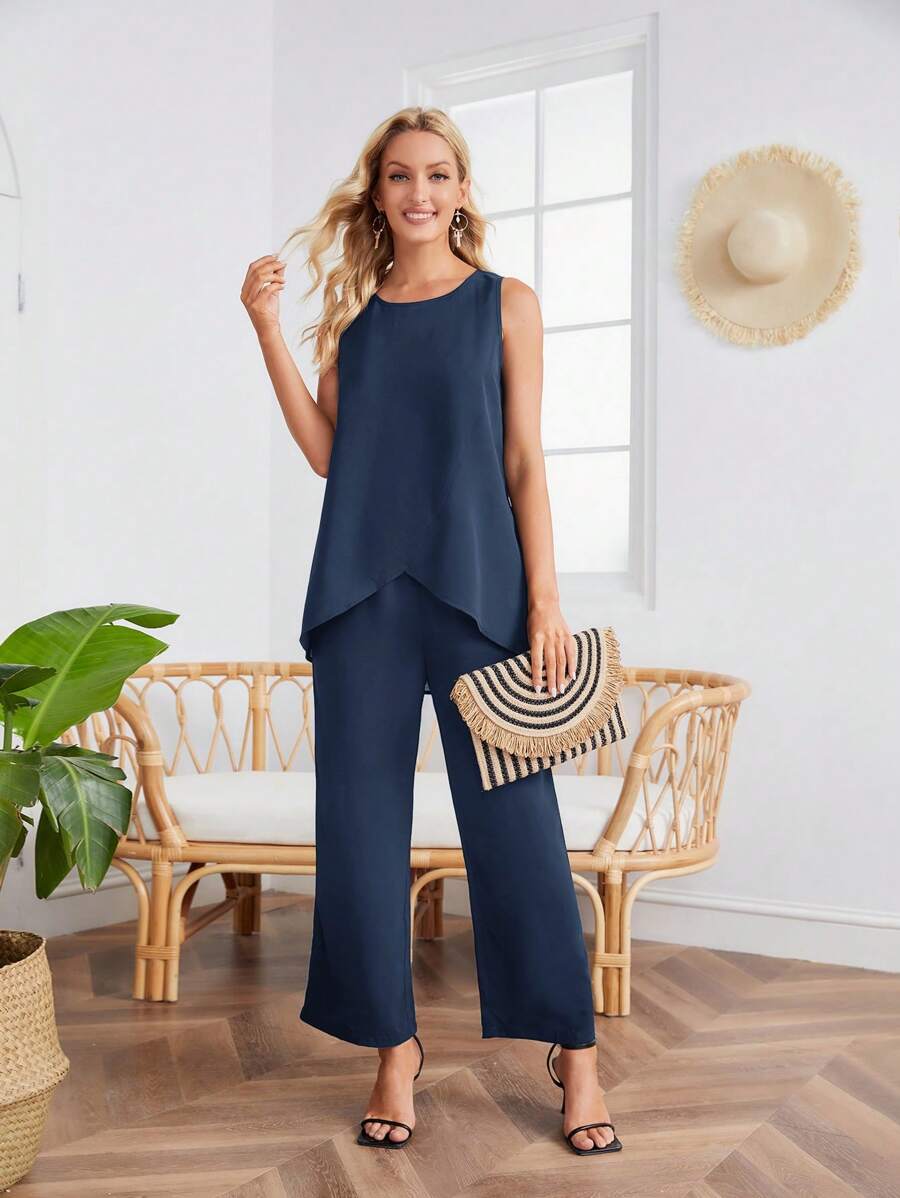 EMERY ROSE 素色不對稱下擺背心上衣&闊腿褲 - 藏蓝色 - 查看 1