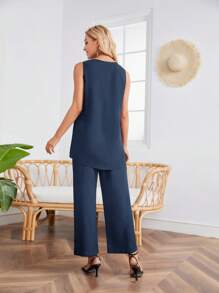 EMERY ROSE 素色不對稱下擺背心上衣&闊腿褲 - 藏蓝色 - 查看 2