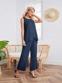 EMERY ROSE 素色不對稱下擺背心上衣&闊腿褲 - 藏蓝色 - 查看 5