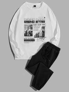 Manfinity VCAY Nam Đồ họa Khẩu hiệu Áo thun & Eo dây rút Quần thể thao - Đen và trắng - Xem 3