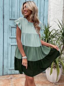 SHEIN LUNE Khối màu Xù Hoa Sen Váy Smock - màu xanh lá - Xem 1