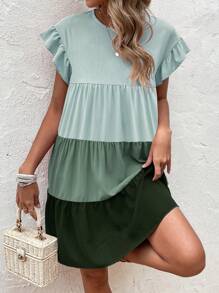 SHEIN LUNE Khối màu Xù Hoa Sen Váy Smock - màu xanh lá - Xem 4