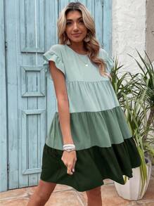 SHEIN LUNE Khối màu Xù Hoa Sen Váy Smock - màu xanh lá - Xem 5