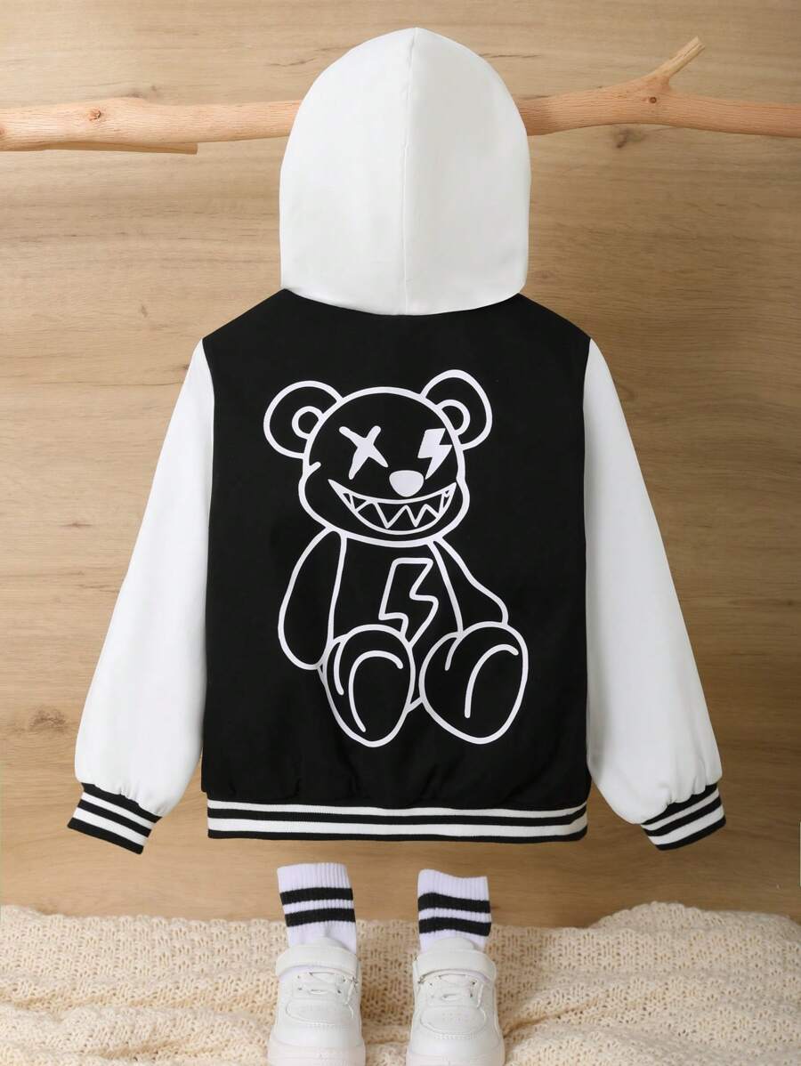 SHEIN Young Boys' Casual Loose-fit Hooded Jacket With Bear Graphic On Back And Striped Trim For Fall/winter - Black and White - View 1