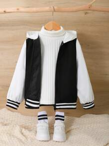 SHEIN Young Boys' Casual Loose-fit Hooded Jacket With Bear Graphic On Back And Striped Trim For Fall/winter - Black and White - View 2