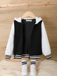 SHEIN Young Boys' Casual Loose-fit Hooded Jacket With Bear Graphic On Back And Striped Trim For Fall/winter - Black and White - View 3