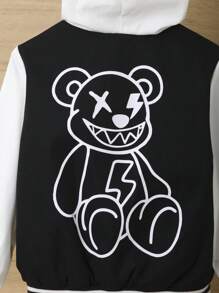SHEIN Young Boys' Casual Loose-fit Hooded Jacket With Bear Graphic On Back And Striped Trim For Fall/winter - Black and White - View 4