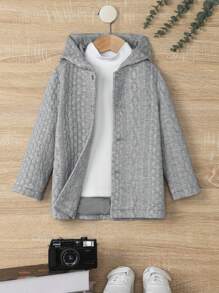 SHEIN Young Boy Casual Cute Street Style Loose Fit Grey Floral Print Hooded Jacket With Front Buttons & Drawstring Autumn And Winter