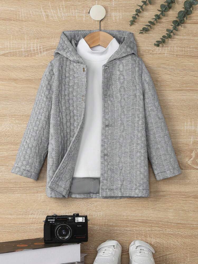 Young Boy Casual Cute Street Style Loose Fit Grey Floral Print Hooded Jacket With Front Buttons & Drawstring Autumn And Winter