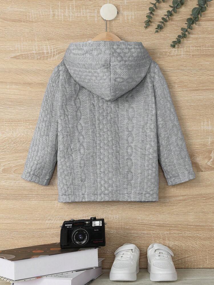 Young Boy Casual Cute Street Style Loose Fit Grey Floral Print Hooded Jacket With Front Buttons & Drawstring Autumn And Winter