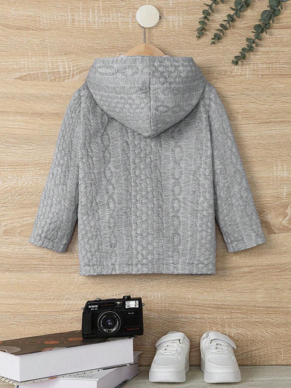 Young Boy Casual Cute Street Style Loose Fit Grey Floral Print Hooded Jacket With Front Buttons & Drawstring Autumn And Winter