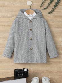 SHEIN Young Boy Casual Cute Street Style Loose Fit Grey Floral Print Hooded Jacket With Front Buttons & Drawstring Autumn And Winter