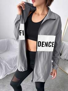 Easithlete 字母圖案撞色拉鏈開襟運動夾克 - 灰色 - 查看 4