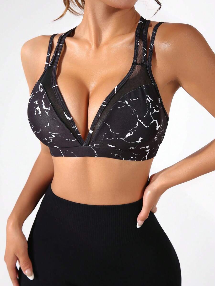 SHEIN Sports Áo lót thể thao Nữ Lộ Lưng Đá hoa - màu đen - Xem 1