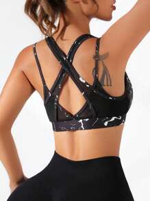 SHEIN Sports Áo lót thể thao Nữ Lộ Lưng Đá hoa - màu đen - Xem 2