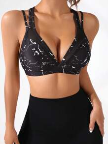SHEIN Sports Áo lót thể thao Nữ Lộ Lưng Đá hoa - màu đen - Xem 3