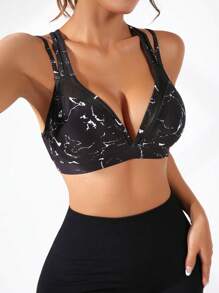 SHEIN Sports Áo lót thể thao Nữ Lộ Lưng Đá hoa - màu đen - Xem 5