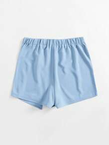 SHEIN Essnce Short Skirt With Elastic Waistband And Front Slit - Baby Blue - View 3