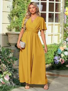 SHEIN Belle 蝴蝶袖高衩後綁帶伴娘連衣裙 - 芥末黃 - 查看 1