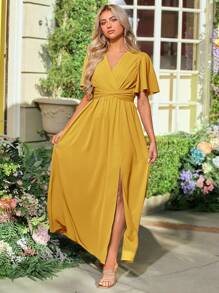 SHEIN Belle 蝴蝶袖高衩後綁帶伴娘連衣裙 - 芥末黃 - 查看 3