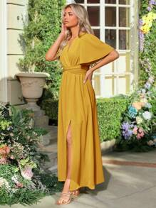 SHEIN Belle 蝴蝶袖高衩後綁帶伴娘連衣裙 - 芥末黃 - 查看 4