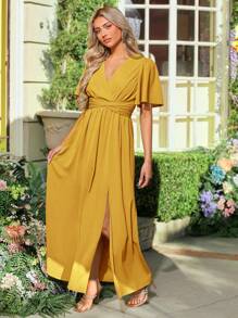 SHEIN Belle 蝴蝶袖高衩後綁帶伴娘連衣裙 - 芥末黃 - 查看 5