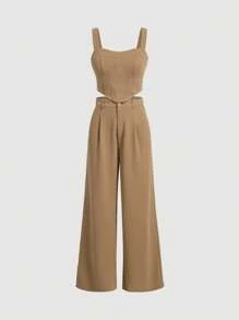 SHEIN MOD Solid Cami Top & Wide Leg Pants Without Blouse - Khaki - View 1