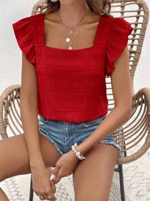 Coeurva Solid Ruffle Trim Bubble Texture Blouse Summer Women Beach Square Neck Summer Red Top