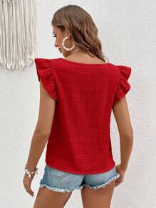 Coeurva Solid Ruffle Trim Bubble Texture Blouse Summer Women Beach Square Neck Summer Red Top