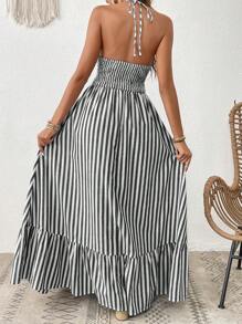 SHEIN VCAY Striped Print Cut Out Ruffle Hem Halter Dress - Black and White - View 2