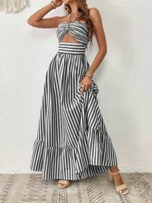 SHEIN VCAY Striped Print Cut Out Ruffle Hem Halter Dress - Black and White - View 3