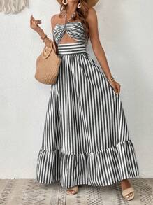 SHEIN VCAY Striped Print Cut Out Ruffle Hem Halter Dress - Black and White - View 4